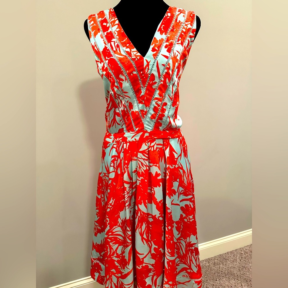 Red and Light Blue Print A-Line Dress